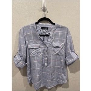 IVANKA TRUMP Blue White Plaid 3/4 Sleeve Blouse